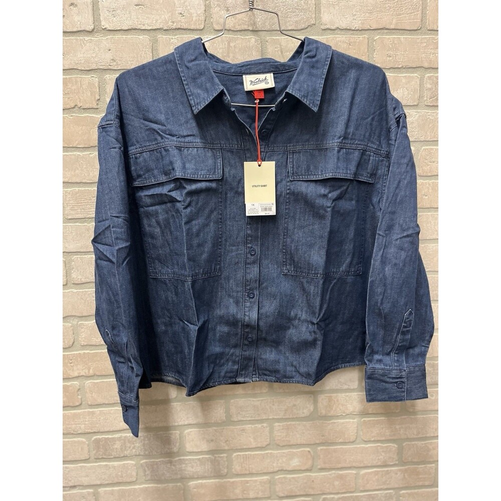 Woolrich women’s long sleeve button down denim shirt dark wash Sz 1X utility